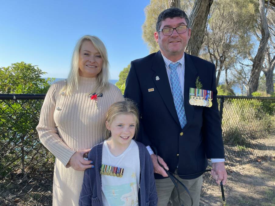 Lachy Armfield served as an Australian combat medic for 15 years. He joined Eden's Anzac Day service alongside his wife Megan and their daughter Grace. Picture by Amandine Ahrens