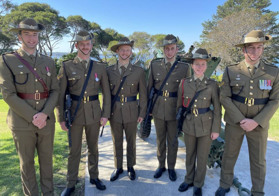 Members of the 5th Engineer Regiment who attended the 2023 Eden Anzac Day ceremony. Left to right - John Kimberley, Josh Emmett, Ash Carter, Brendan Aitken, Olivia Buonopane and Christian O'Shea. Picture by Amandine Ahrens