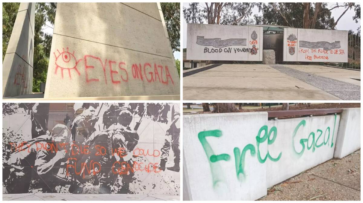 War Memorials in Canberra have been targeted with pro-Palestine graffiti. Top left: the Vietnam War Memorial in March, top right and bottom: the Vietnam and Korean War memorials in June. Pictures AAP, supplied