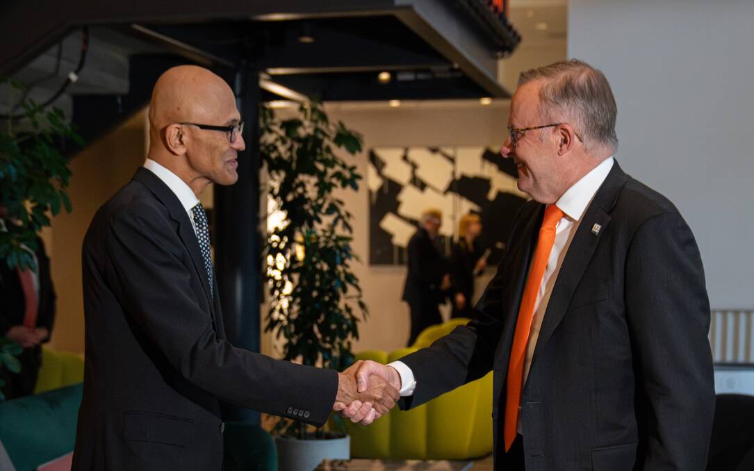Prime Minister Anthony Albanese meets with Microsoft CEO Satya Nadella on the sidelines of an APEC summit in 2023. Picture supplied