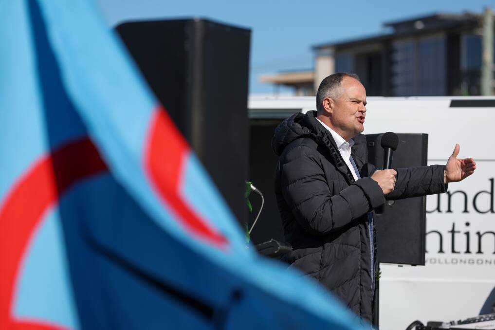 Shadow Climate Change Minister Ted O'Brien speaking at the Lake Illawarra rally on July 28. Picture by Adam McLean
