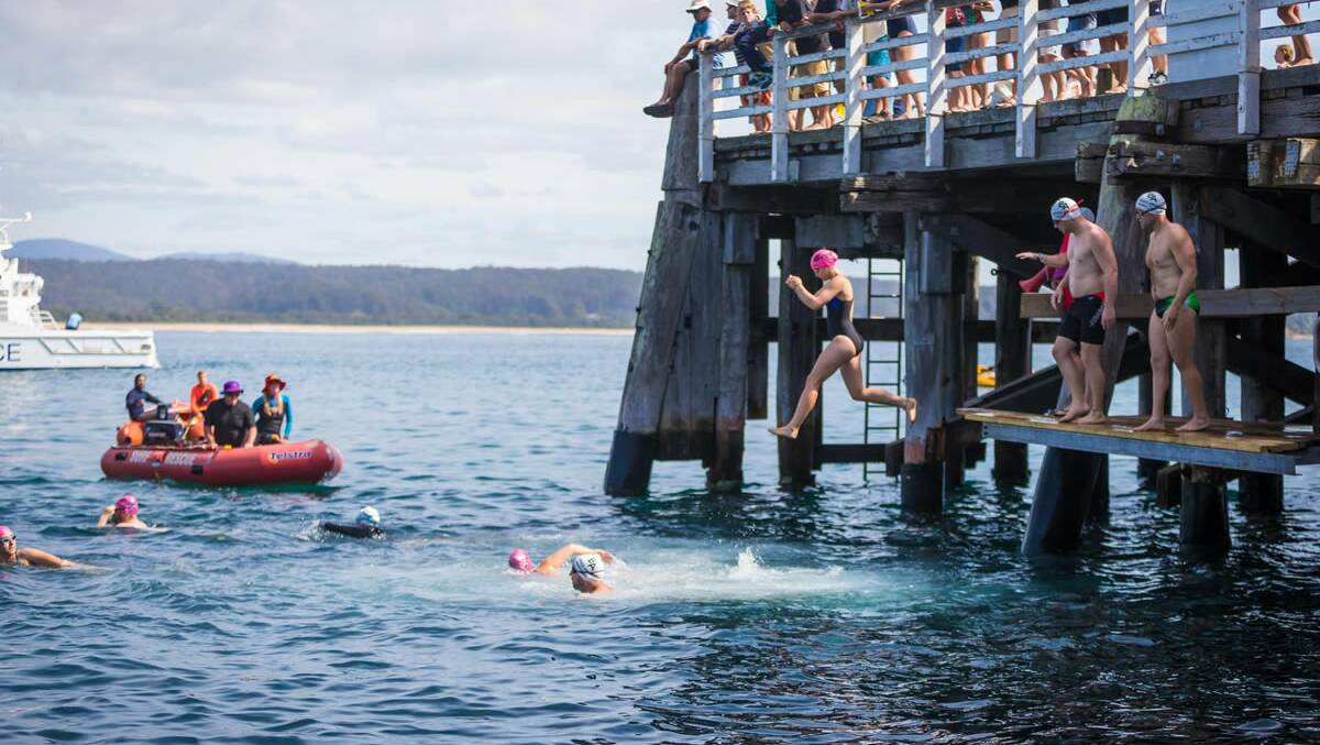 Participants competing in the ocean swim at the 2019 Tathra Wharf to Waves event. Picture supplied 