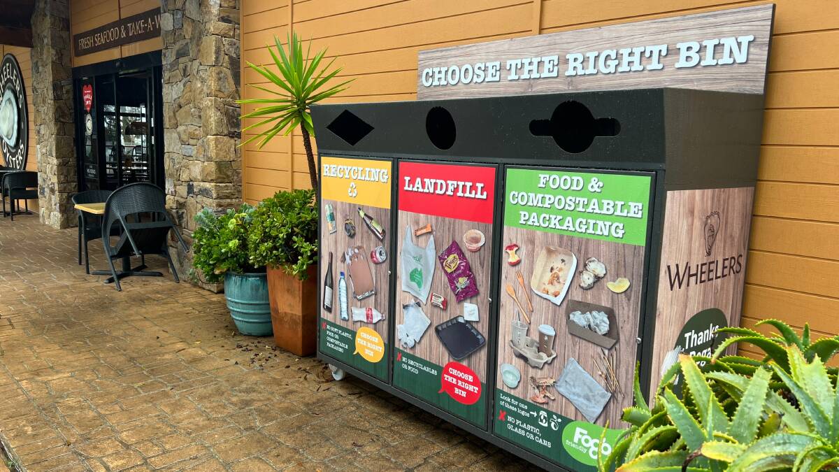 The new FOGO, recycling, and general waste bin bank at Wheelers Restaurant. Photo: supplied 