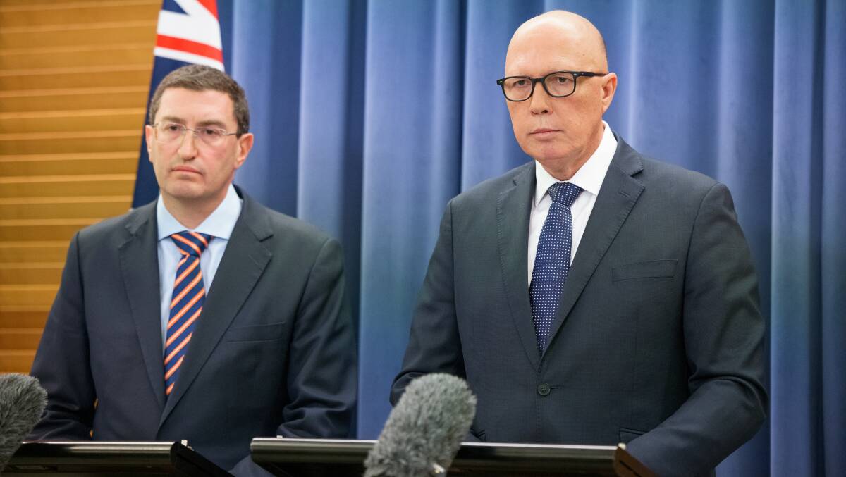 Shadow minister for Indigenous Australians Julian Leeser and Opposition Leader Peter Dutton. Picture by Sitthixay Ditthavong
