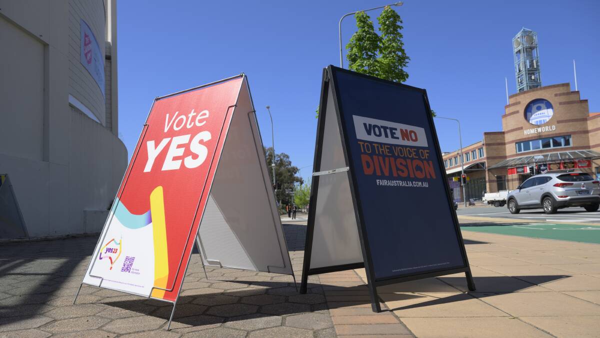 'No' vote and 'yes' vote corflutes in Canberra. Picture by Keegan Carroll 