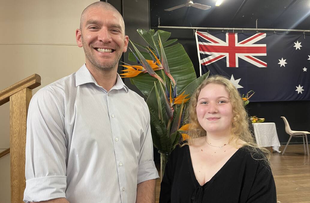 Years 9 & 10 winner Bella Morris with Mayor Mat Hatcher. Picture by Eurobodalla Shire Council.