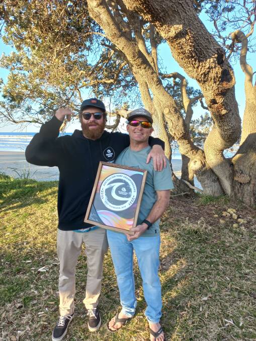 John Wheele (right) after winning the S1 category at the Australian Para Surf Championships in Port Macquarie. Picture supplied