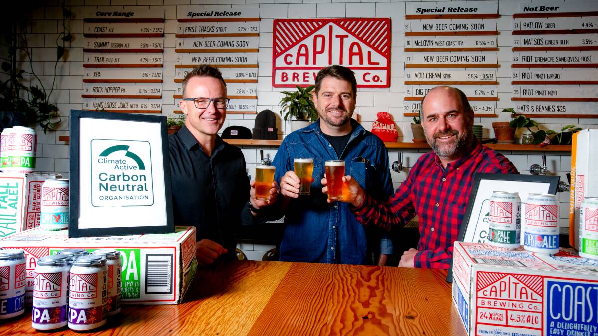 Climate Active director Dan Sheedy, with Capital Brewery managing director Laurence Kain and sustainability director Dan Watters. Picture: Elesa Kurtz