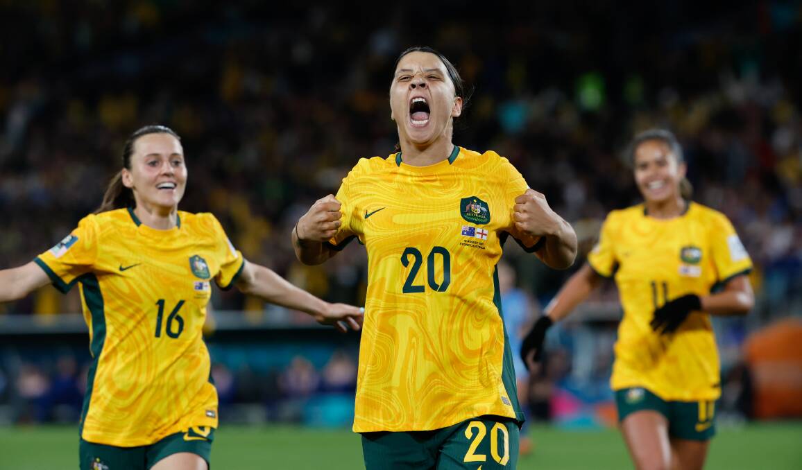 Sam Kerr celebrates her brilliant goal against England. Picture by Anna Warr