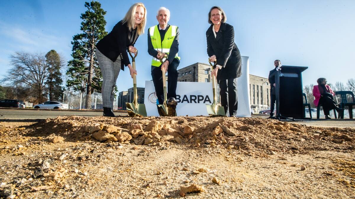 Public Service Minister Katy Gallagher, Barpa chairman Graham Atkinson and Finance secretary Jenny Wilkinson with the golden shovels. Picture by Karleen Minney