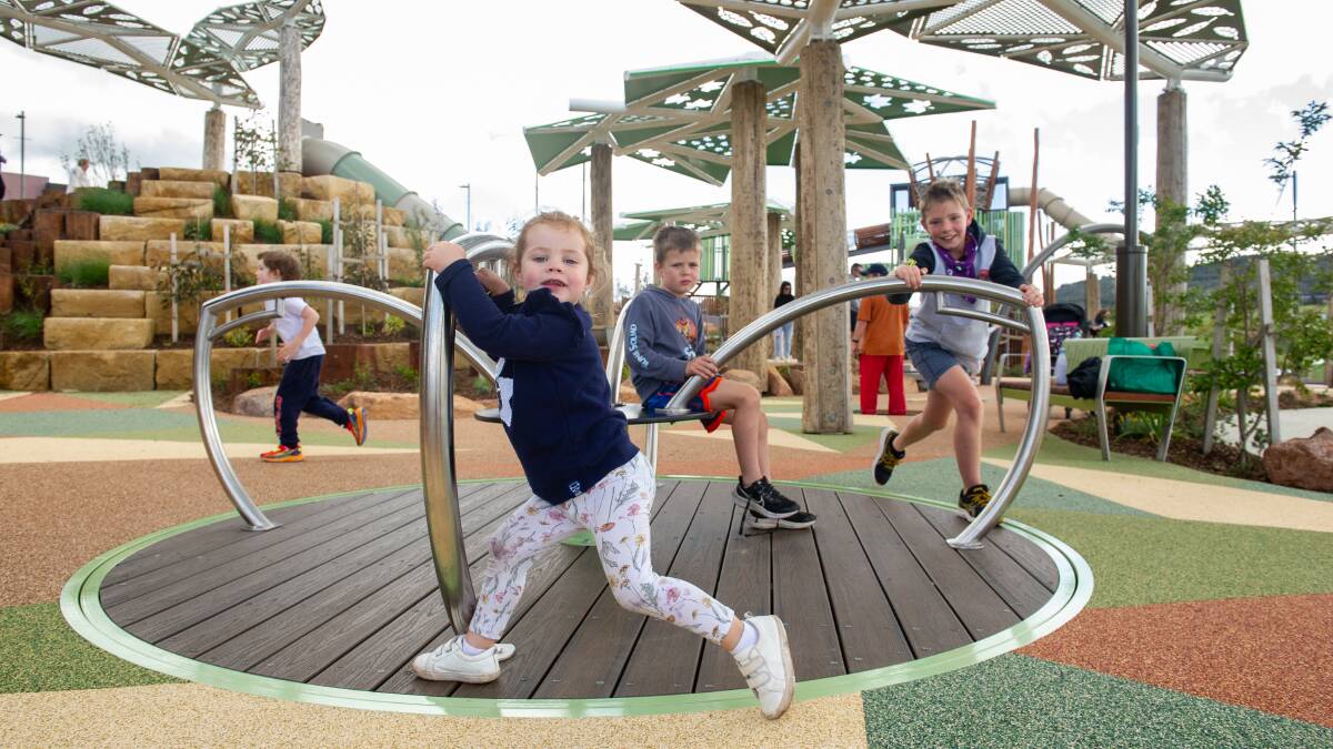 Layla Calvert, 3, with brothers, Jordan, 9, and Liam, 6, of Kaleen at the new playground in Coombs. Picture by Elesa Kurtz