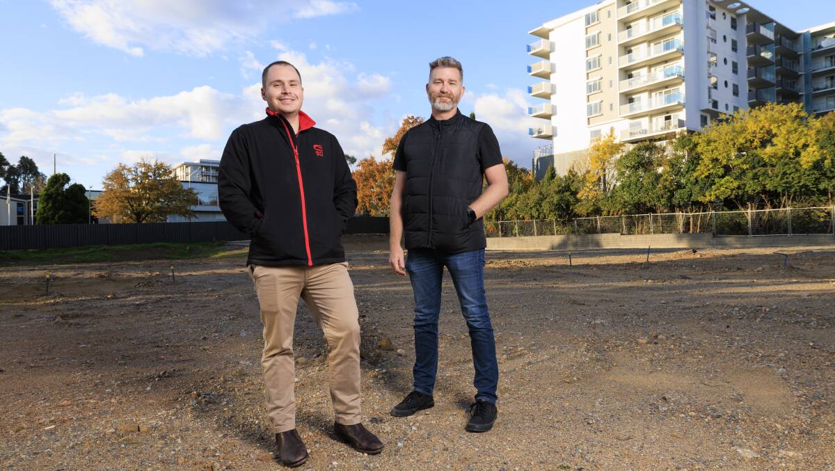 Evri Group's Evra Sarris and Rob Speight at the Northbourne Avenue development site in 2023. Picture by Keegan Carroll