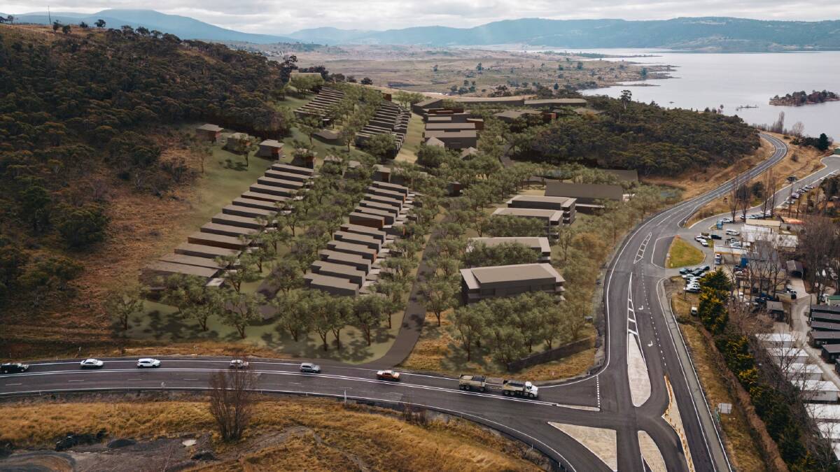 An artist's impression of tourist accommodation on the corner of Alpine Way and Kosciuszko Road in Jindabyne. Picture by DNA Architects