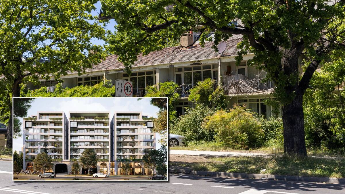 The ageing Elouera Street flats would be replaced with luxury apartments (inset) under a developer's proposal. Pictures by Keegan Carroll, supplied