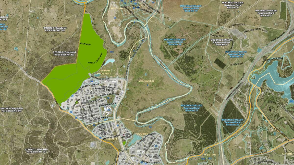 The proposed Stromlo Reach estate highlighted in green. Picture ACTmapi