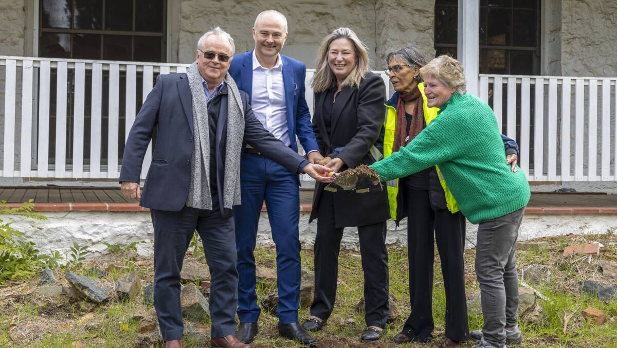 Suburban Land Agency's Tom Gordon, Lendlease's Jason Fitzgerald, Deputy Chief Minister Yvette Berry, Aunty Violet Sheridan and resident Julie Hourigan at the sod-turning event for Gold Creek Homestead. Picture supplied