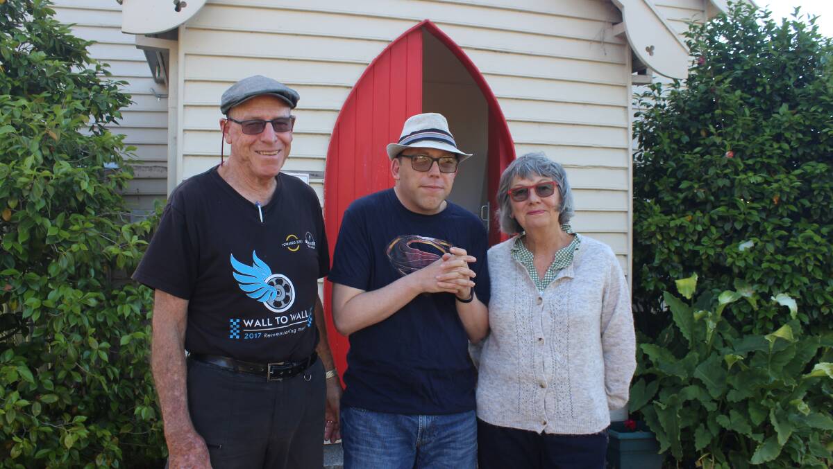 Red Door Theatre Company stars John, James and Brenda Gillett at Moruya Red Door Hall, where the company rehearses. Picture by James Tugwell.