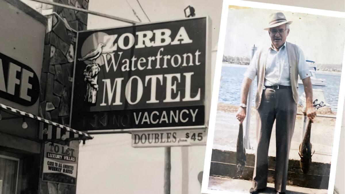 Zorba Waterfront Motel on Orient Street and Nicolas Diacomihalis, inset, with his freshly caught flatheads off the Batemans Bay promenade in the 1970s. Pictures supplied