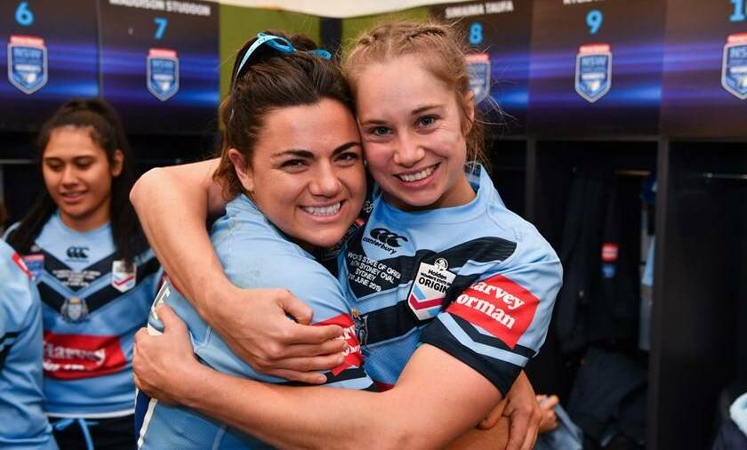 South Coast talents Millie Boyle and Kezie Apps after an Origin win in 2019. File picture.