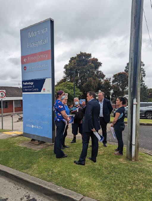 Bega MP Dr Michael Holland and NSW Shadow Minister for Health Ryan Park met healthcare workers outside Moruya Emergency Department on December 1. Picture supplied.