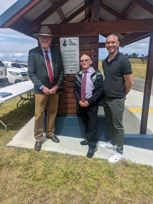 Bega MP Dr Michael Holland, John Tilbrook and mayor Mat Hatcher at the unveililng of John's plaque in Tuross Head. Picture by Dr Michael Holland.