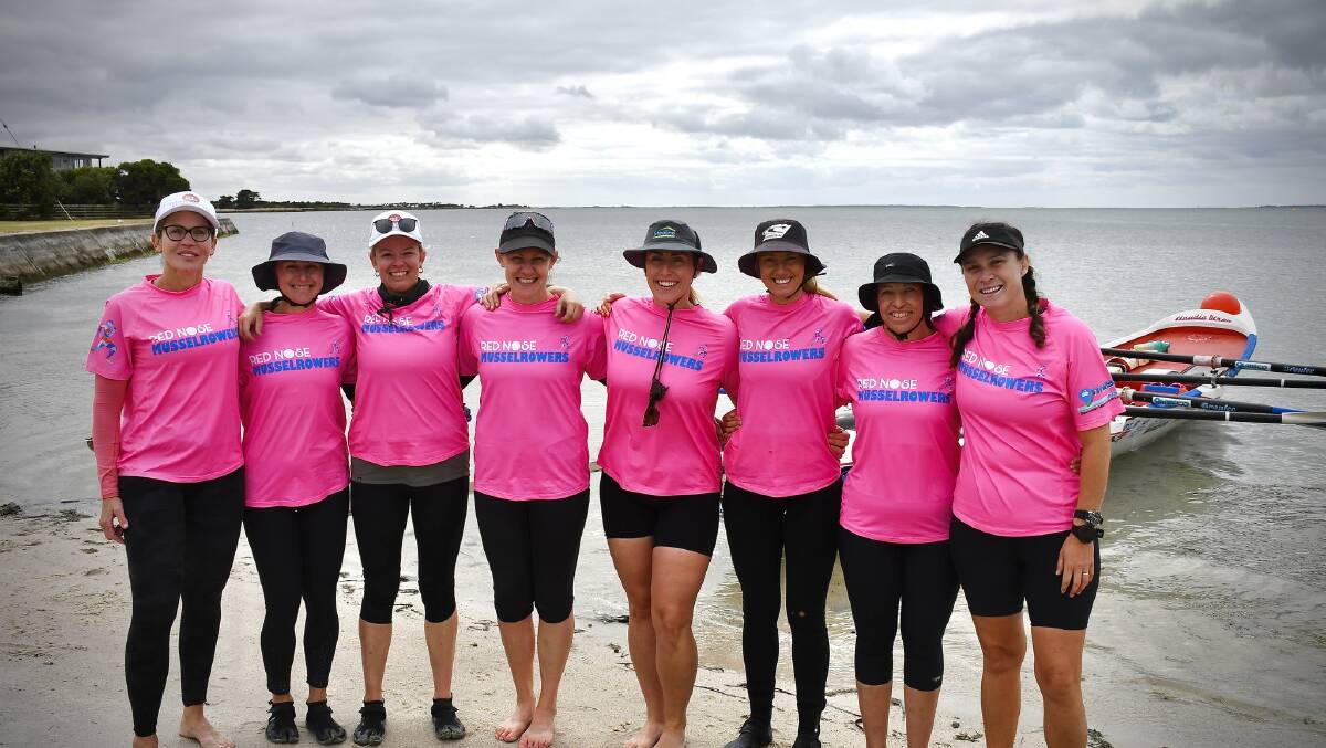 The Red Nose MusselRowers team at Port Welshpool. From left to right: Elle Pannowitz, Taryn Carver, Katharine McKeever, Anna McGlynn, Ashley Bujeya, Topaz Eaton, Michelle Cottington and Shannon Small. Picture supplied.