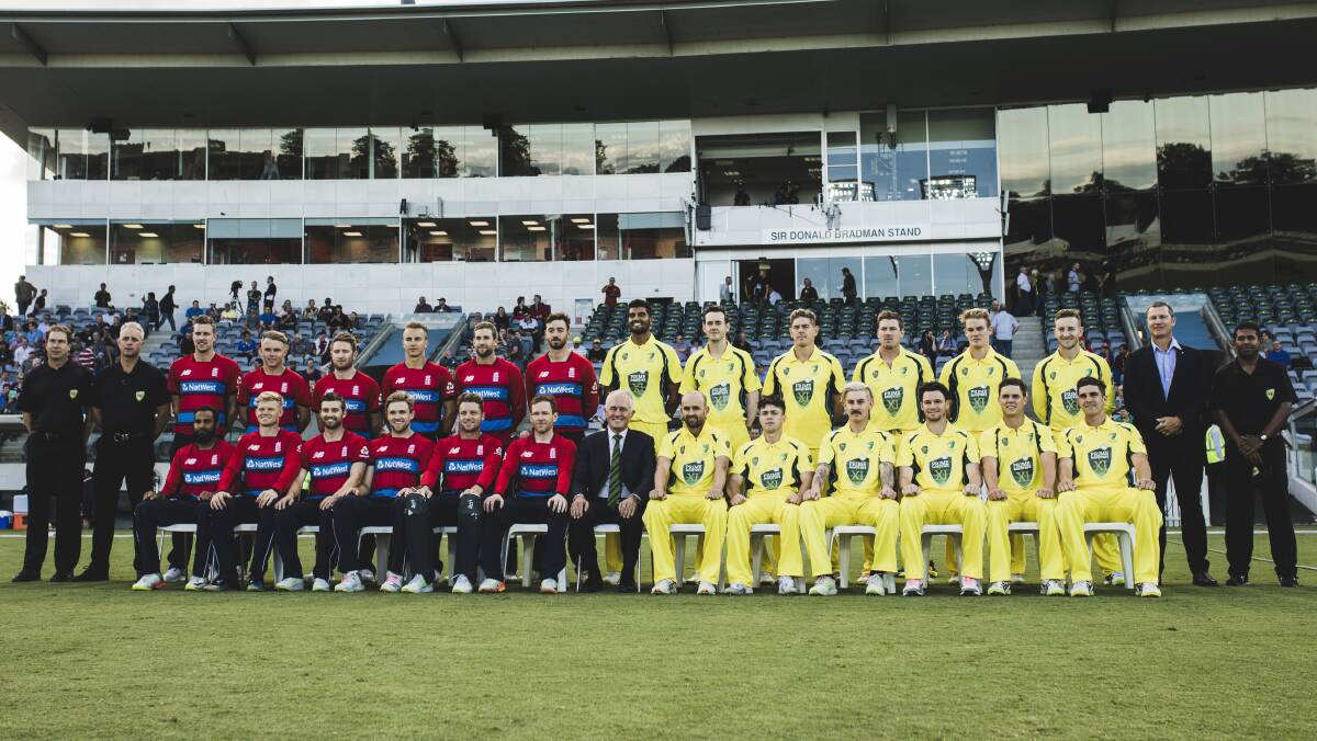 Malcolm Turnbull with his Prime Minister's XI v England at Manuka Oval. Photo by Jamila Toderas.