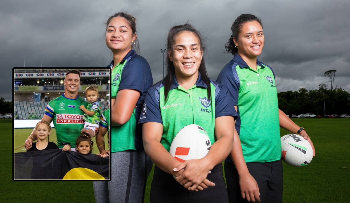 Raiders NRLW signings Monalisa Soliola, Simaima Taufa, and Zahara Temara, and inset, Jack Wighton with his children. Pictures Sitthixay Ditthavong, Instagram