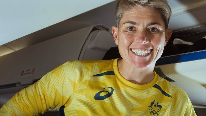 Michelle Heyman on the plane to Marseilles. Picture Matildas/Football Australia