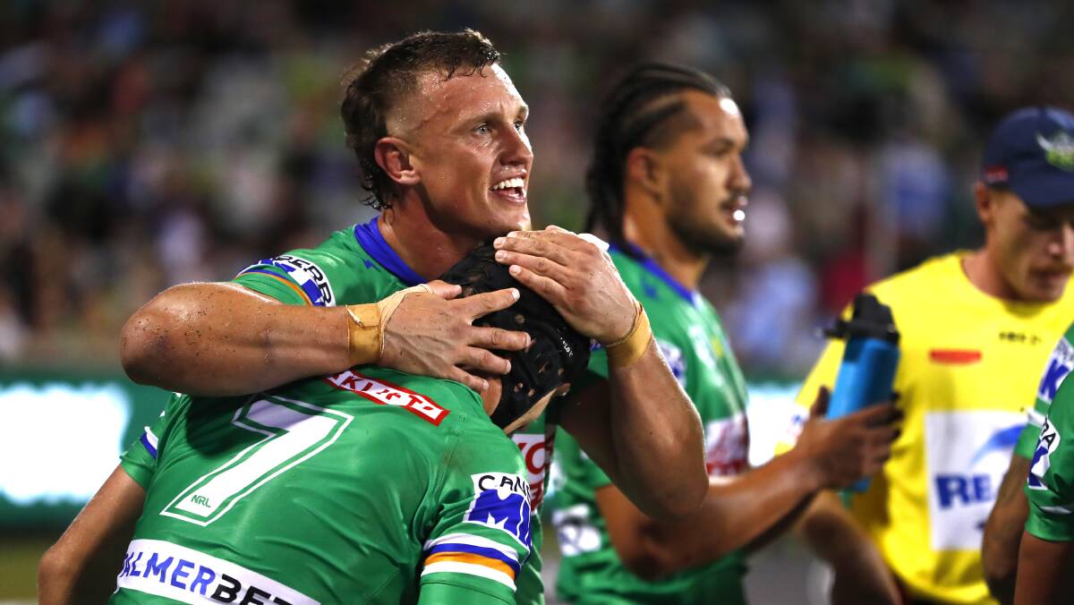 Canberra Raiders' Jack Wighton and Brad Schneider in 2022. Picture: Keegan Carroll