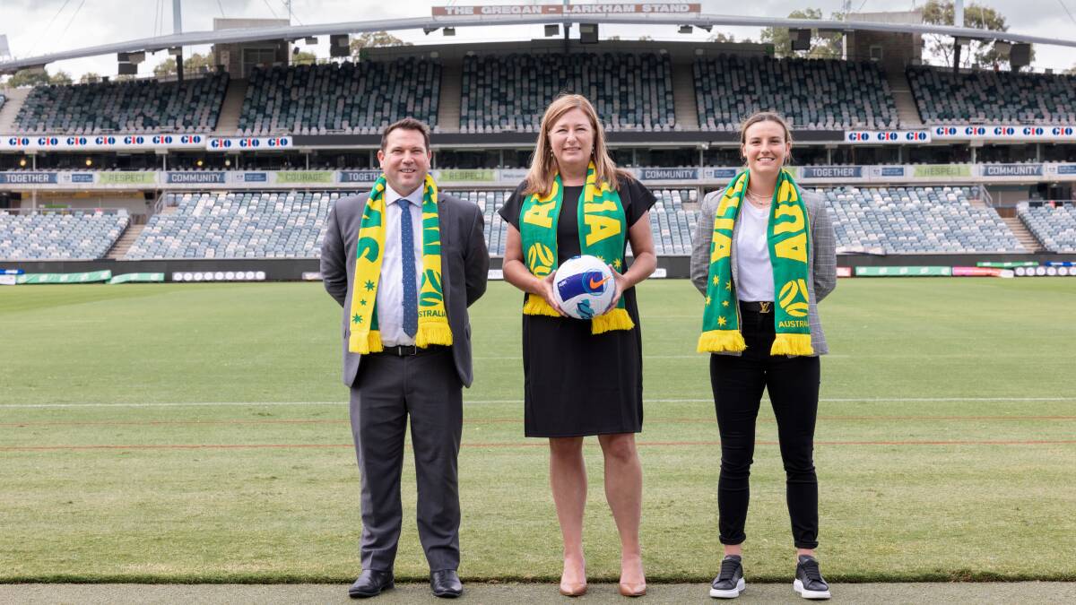 Football Australia chief executive James Johnson, ACT Sports Minister Yvette Berry, and Matildas midfielder Chloe Logarzo in Canberra in January 2022. Picture by Sitthixay Ditthavong