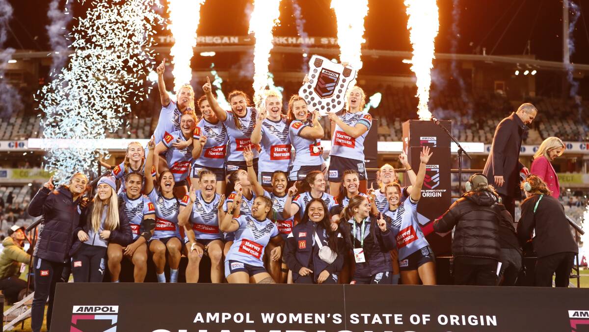 NSW women celebrates after winning the State of Origin shield. Picture: Keegan Carroll