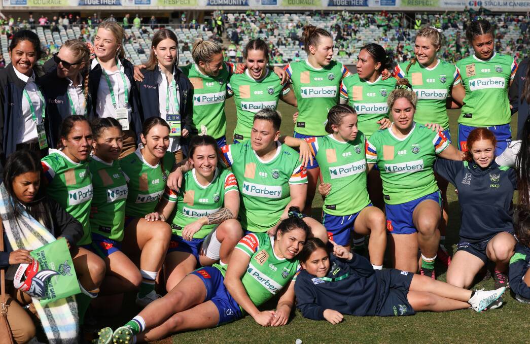 Raiders players with the NRLW logo on their jerseys taped over. Picture by Sitthixay Ditthavong