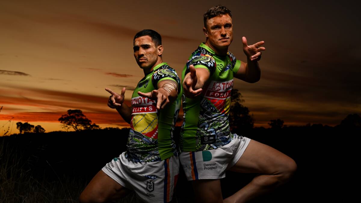 Jamal Fogarty and Jack Wighton spent time at Mulligan's Flat to learn about Ngunnawal culture. Picture NRL Photos