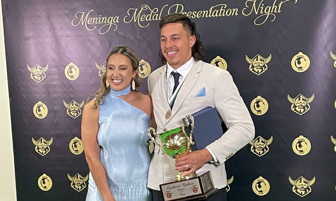 Kirsten and Joe Tapine after the Raiders prop won the Meninga Medal. Picture by Melanie Dinjaski