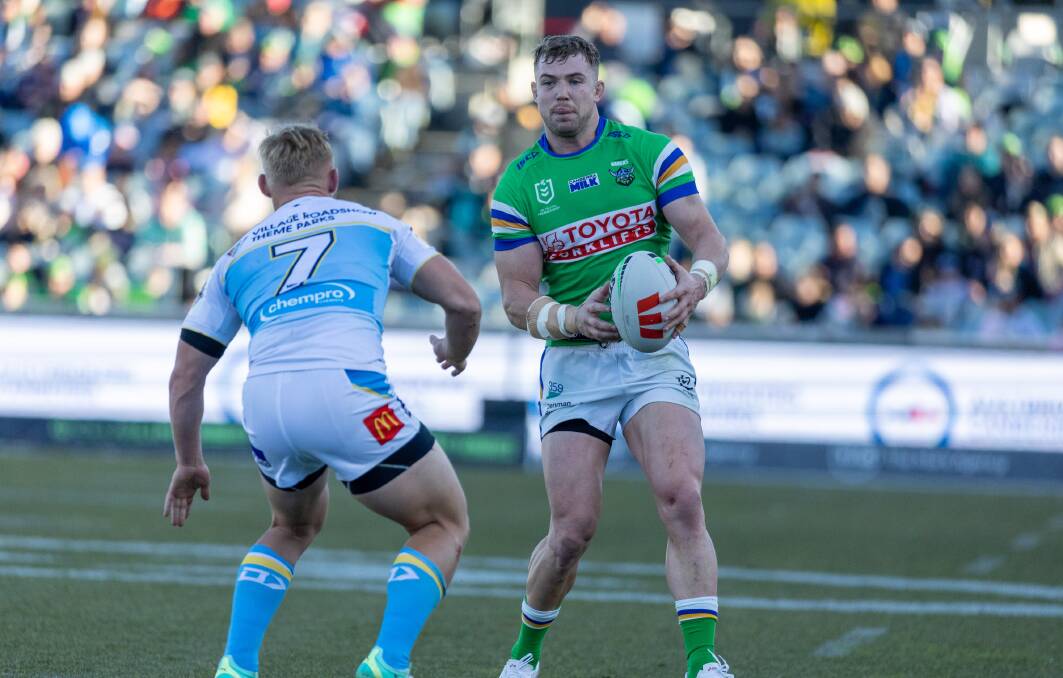 Canberra Raiders forward Hudson Young takes on the Gold Coast defence. Picture by Gary Ramage