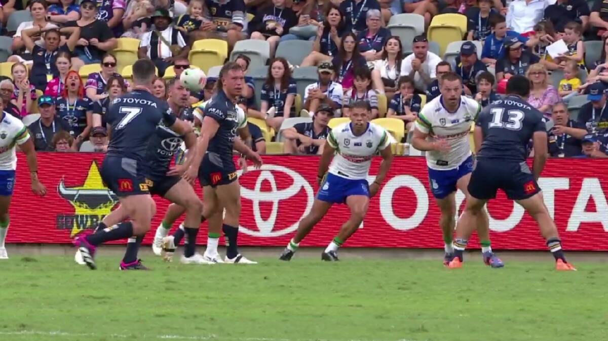 Whitehead also makes eye contact with Taumalolo before the collision. Picture NRL