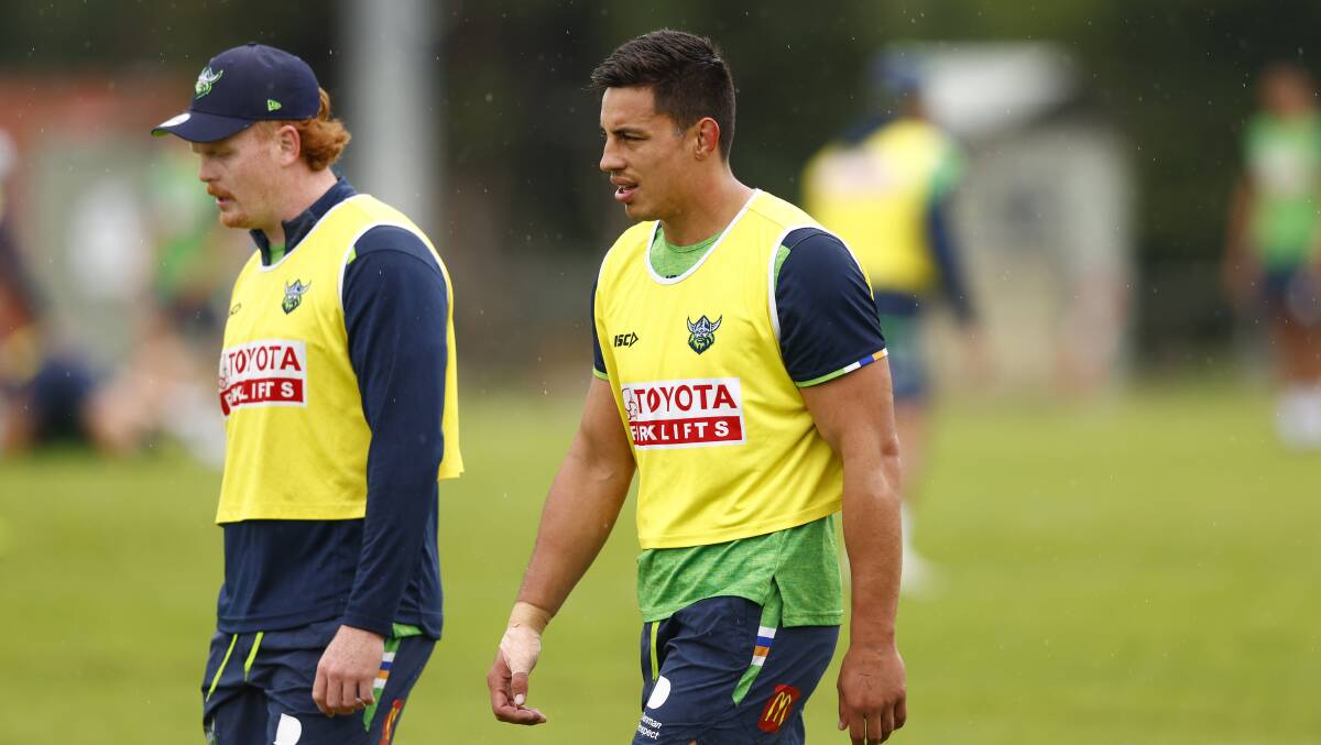 Joe Tapine at Raiders training with Corey Horsburgh. Picture by Keegan Carroll