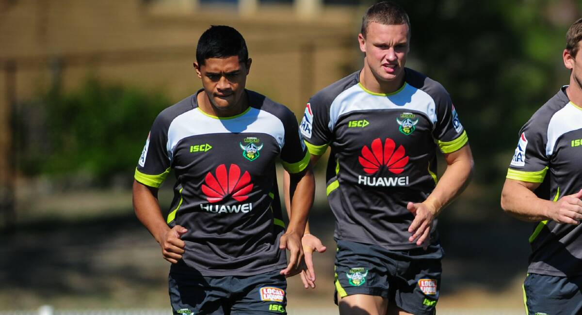 Anthony Milford and Jack Wighton in 2013 at Raiders training. Picture by Katherine Griffiths