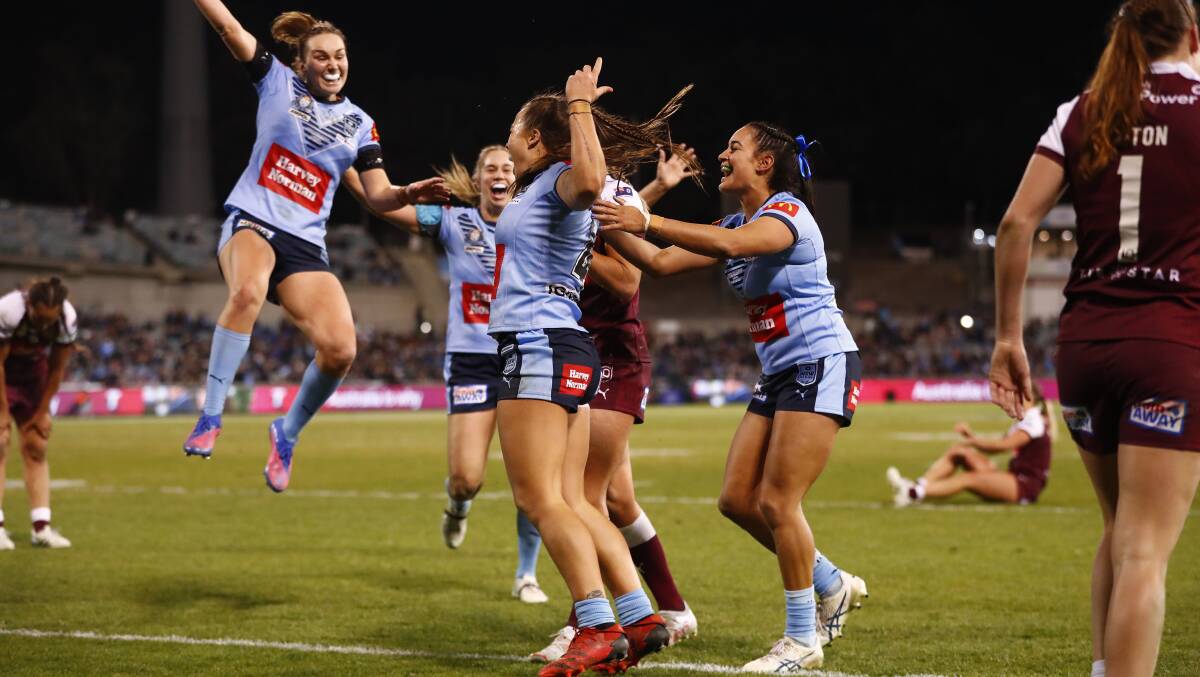 Blues star Isabelle Kelly celebrates after scoring a try to win the series for NSW last year. Picture by Keegan Carroll