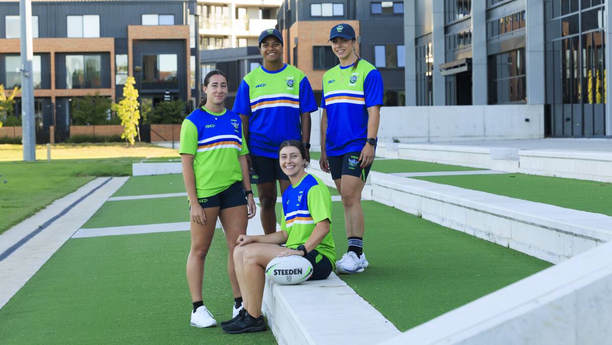 Katrina Fanning Academy players Lily Croker, Ua Ravu, Elise Smith and Emma James training at Raiders HQ. Picture by Keegan Carroll