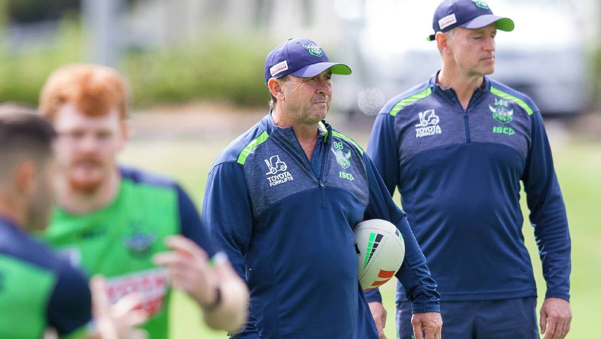 Canberra Raiders coach Ricky Stuart and assistant Michael Maguire. Picture by Sitthixay Ditthavong