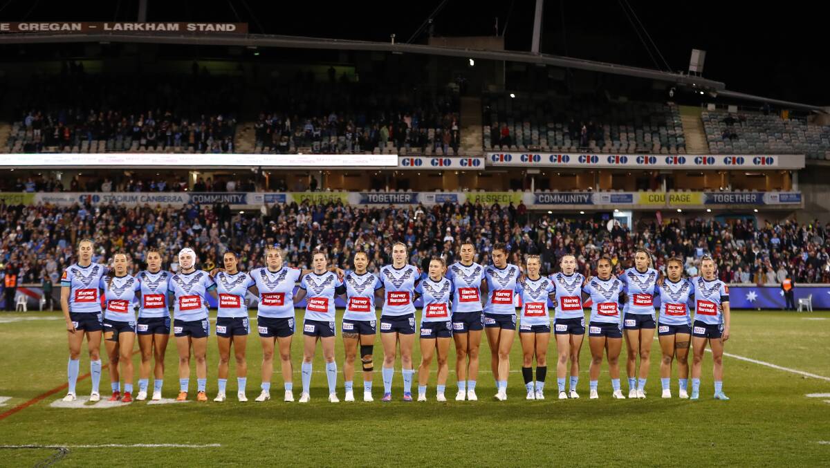 NSW women line up for the anthem at Canberra Stadium. Picture by Keegan Carroll