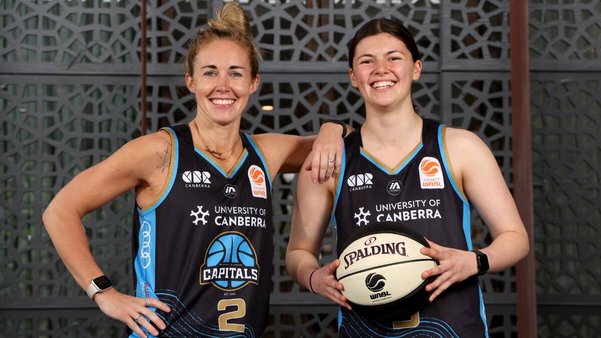 Brittany Smart and Jade Melbourne of the Capitals at the WNBL 2022-23 season launch. Picture Getty Images.