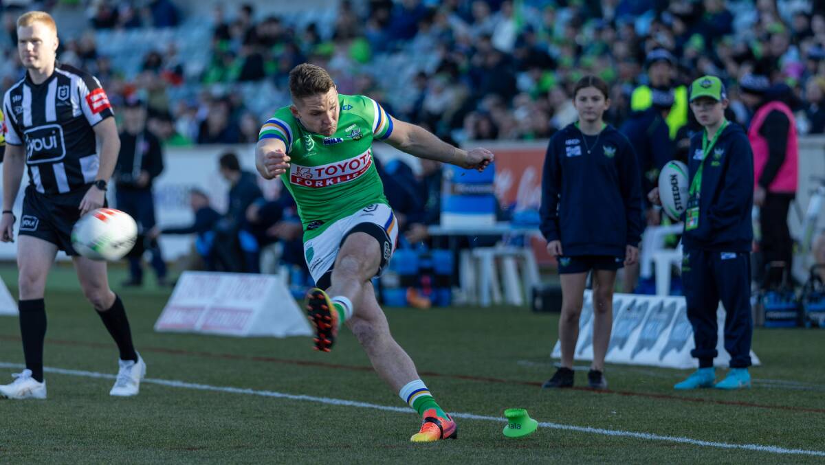Canberra Raiders' Jarrod Croker kicks a conversion in their 26-22 win over the Gold Coast on Saturday. Picture by Gary Ramage