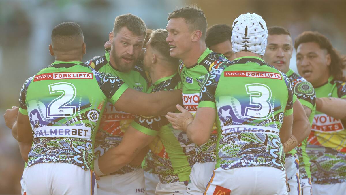 Elliott Whitehead scored a try in Canberra's heavy loss to Manly. Picture Getty Images