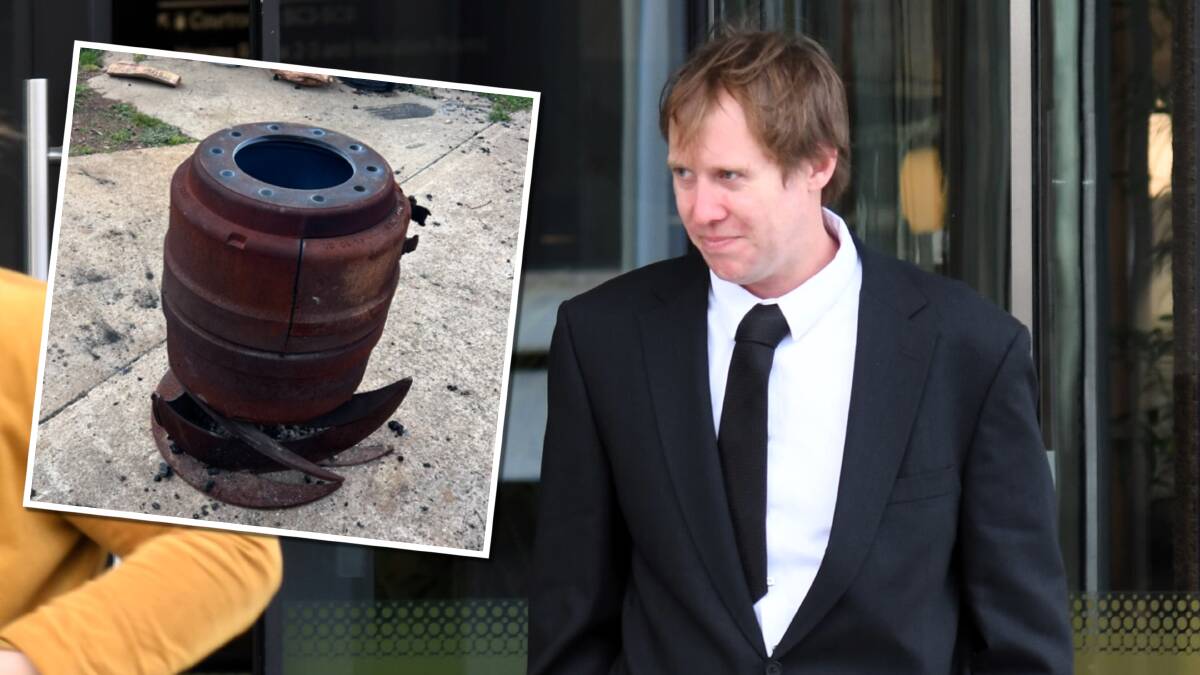 Benjamin Crutchett leaves court in June, and the fire drum. Pictures by Tim Piccione, supplied 