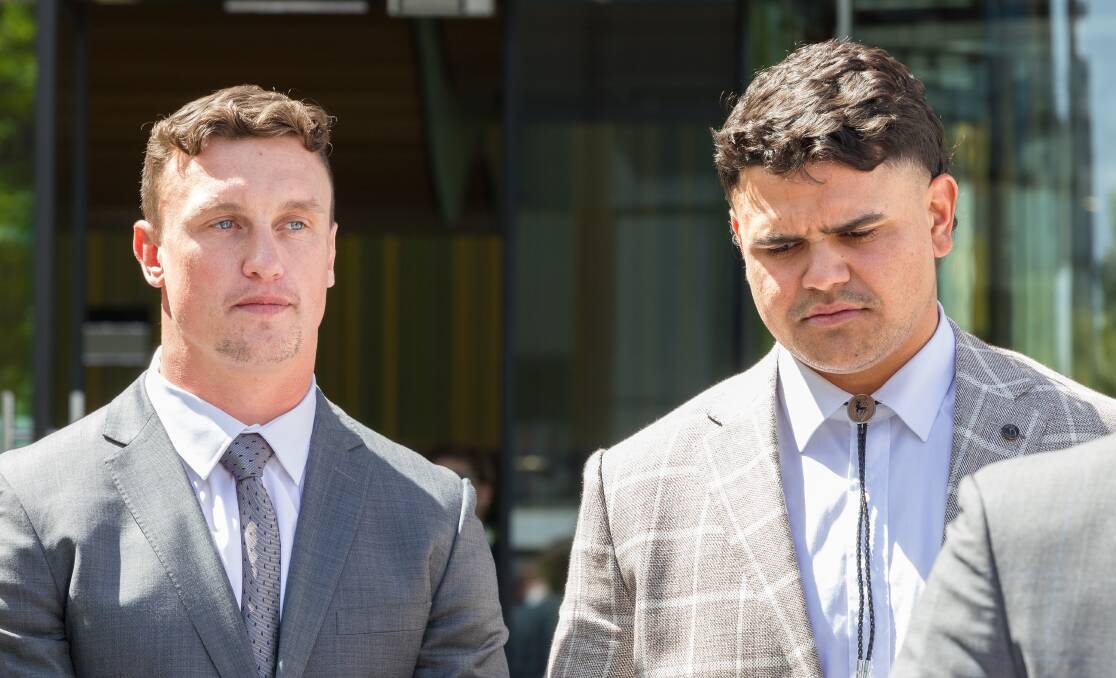 Jack Wighton, left, and Latrell Mitchell outside court following the dismissal of their charges. Picture by Sitthixay Ditthavong