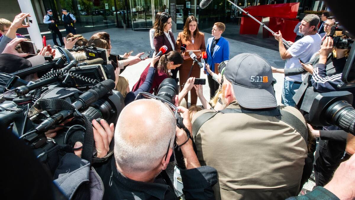 Brittany Higgins addresses media after the jury in Bruce Lehrmann's ACT criminal case was discharged. Picture by Karleen Minney