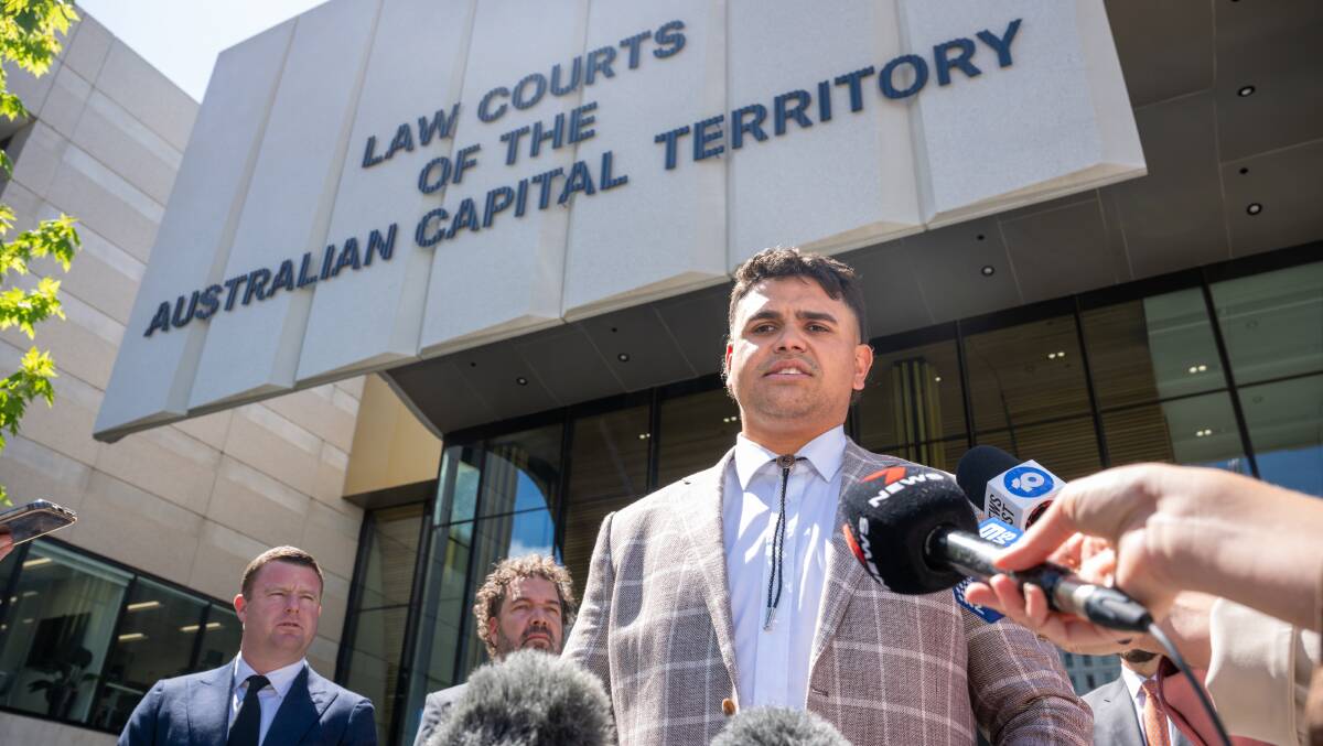 Latrell Mitchell addresses media outside the ACT courts after the charges against him and Jack Wighton were dropped. Picture by Sitthixay Ditthavong